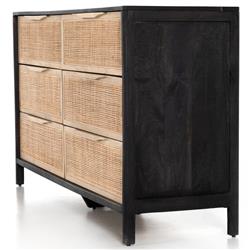 Rhian Coastal Beach Black Mango Wood Frame Natural Woven Cane 6 Drawer Double Dresser|