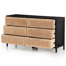 Rhian Coastal Beach Black Mango Wood Frame Natural Woven Cane 6 Drawer Double Dresser|