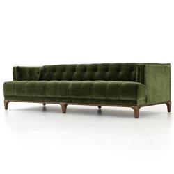Allen Mid Century Green Velvet Brown Wood Frame Button Tufted Sofa - 91.25"W|