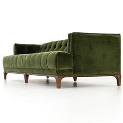 Allen Mid Century Green Velvet Brown Wood Frame Button Tufted Sofa - 91.25"W|