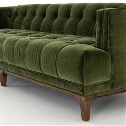 Allen Mid Century Green Velvet Brown Wood Frame Button Tufted Sofa - 91.25"W|
