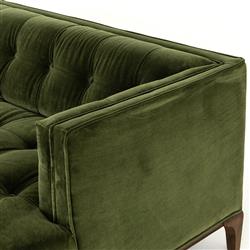Allen Mid Century Green Velvet Brown Wood Frame Button Tufted Sofa - 91.25"W|