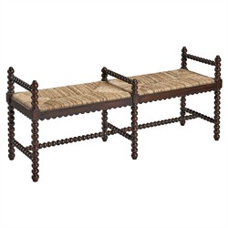 Meilani Coastal Brown Woven Seat Black Mahogany Wood Frame Long Entryway Bench|
