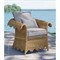 Cielo Coastal Navy Stripe Sunbrella Brown Woven Wicker Scalloped Outdoor Lounge Chair