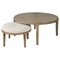 Leith Modern Classic Cream Linen Boulder Brown Wood Round Ottoman