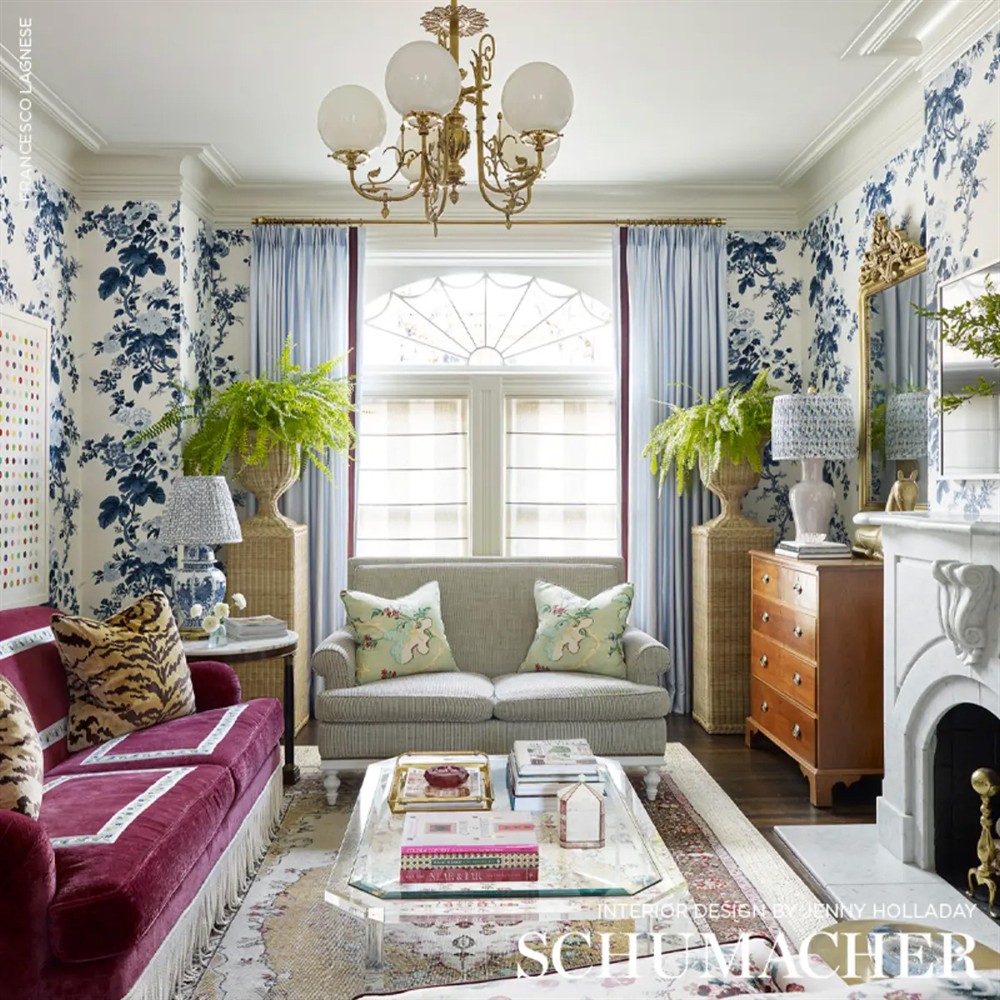 Schumacher Pyne Hollyhock French Country Indigo Floral Wallpaper