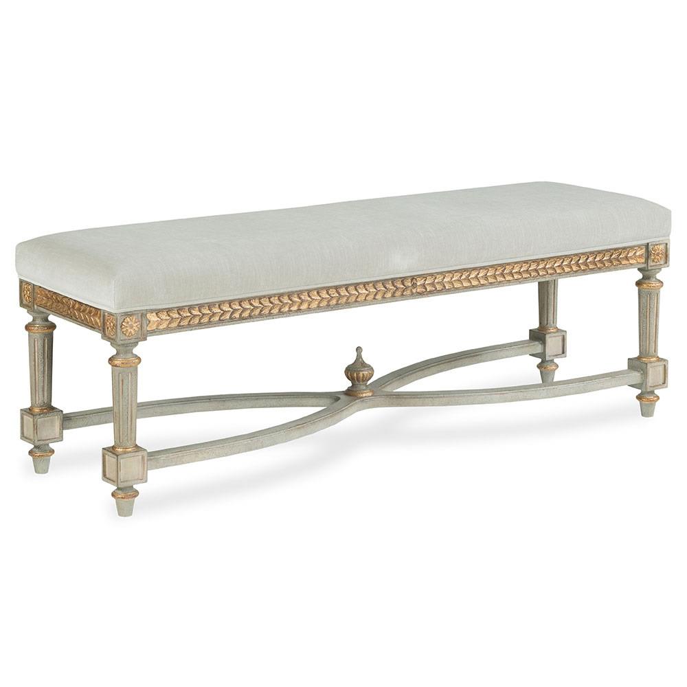 Century Corbett French Light Grey Upholstered Sage Green Wood Gold Accent Bench|