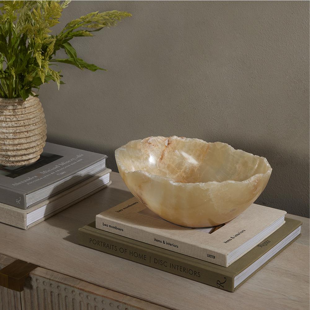 Meryll Coastal Beach Natural Beige Onyx Stone Oval Decorative Bowl|