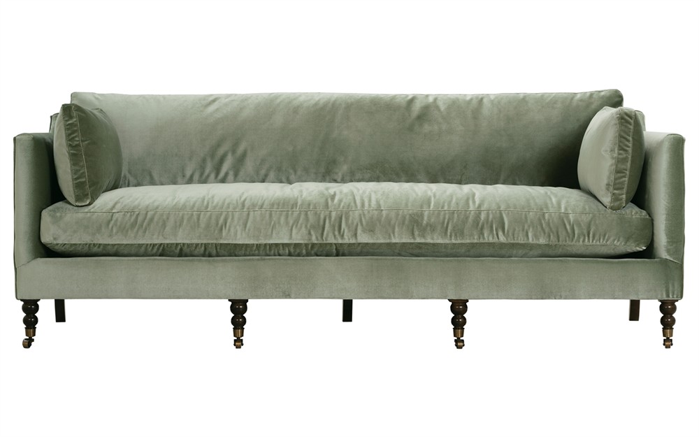 Madeline French Green Upholstered Brown Wood Brass Casters Sofa - Large - 90"W|