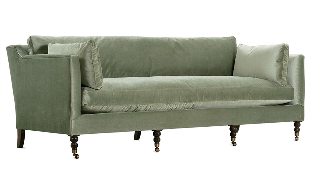 Madeline French Green Upholstered Brown Wood Brass Casters Sofa - Large - 90"W|