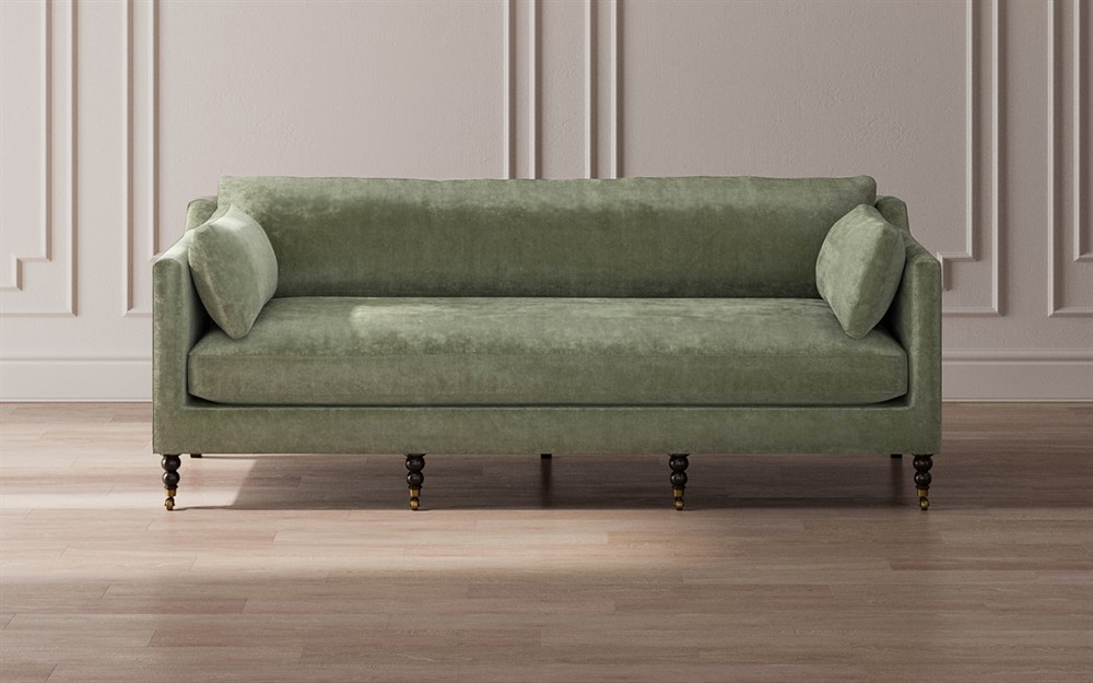 Madeline French Green Upholstered Brown Wood Brass Casters Sofa - Large - 90"W|