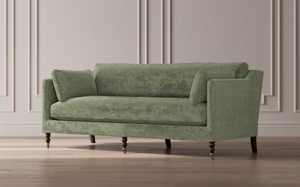 Madeline French Green Upholstered Brown Wood Brass Casters Sofa - Large - 90"W|