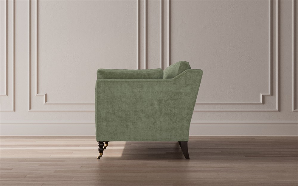 Madeline French Green Upholstered Brown Wood Brass Casters Sofa - Large - 90"W|