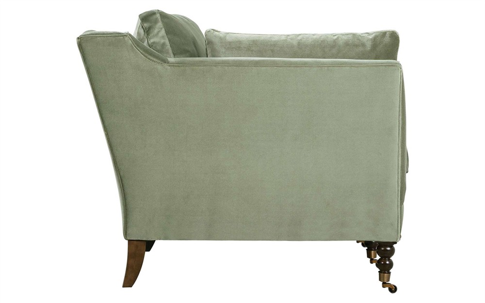 Madeline French Green Upholstered Brown Wood Brass Casters Sofa - Large - 90"W|