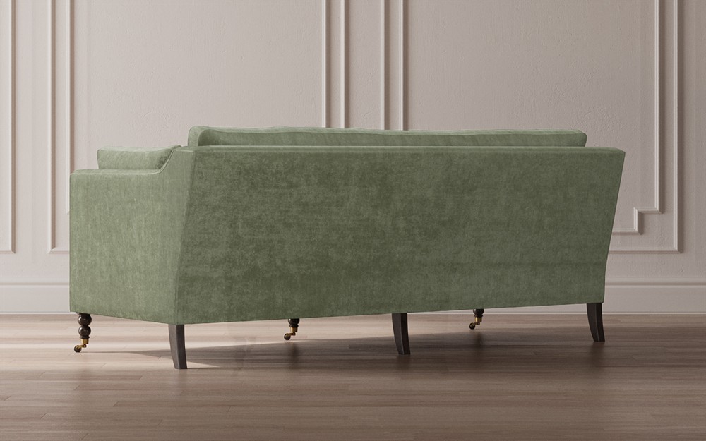 Madeline French Green Upholstered Brown Wood Brass Casters Sofa - Large - 90"W|