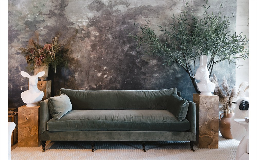 Madeline French Green Upholstered Brown Wood Brass Casters Sofa - Large - 90"W|