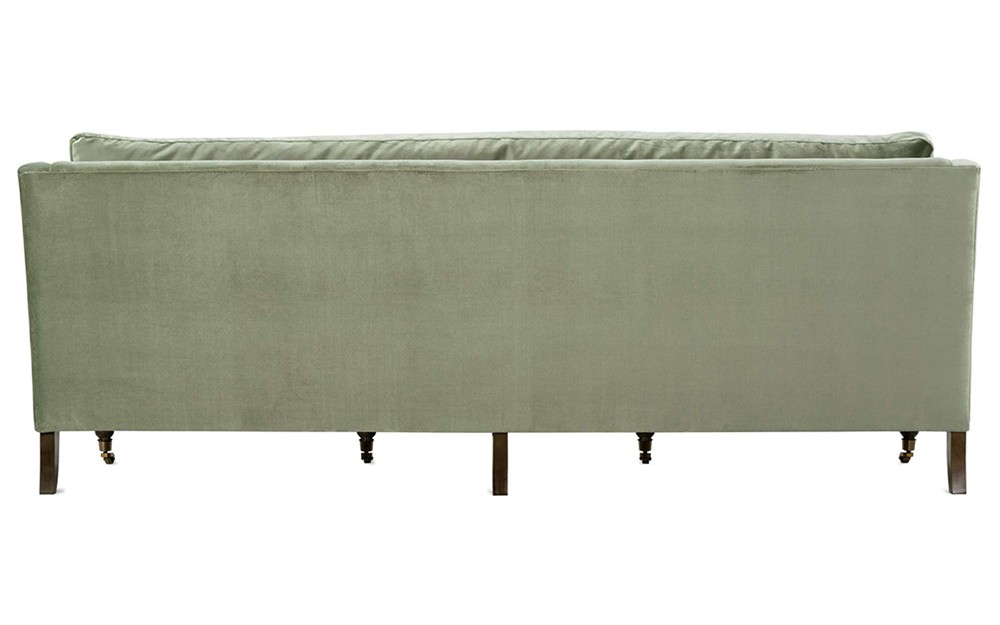 Madeline French Green Upholstered Brown Wood Brass Casters Sofa - Large - 90"W|