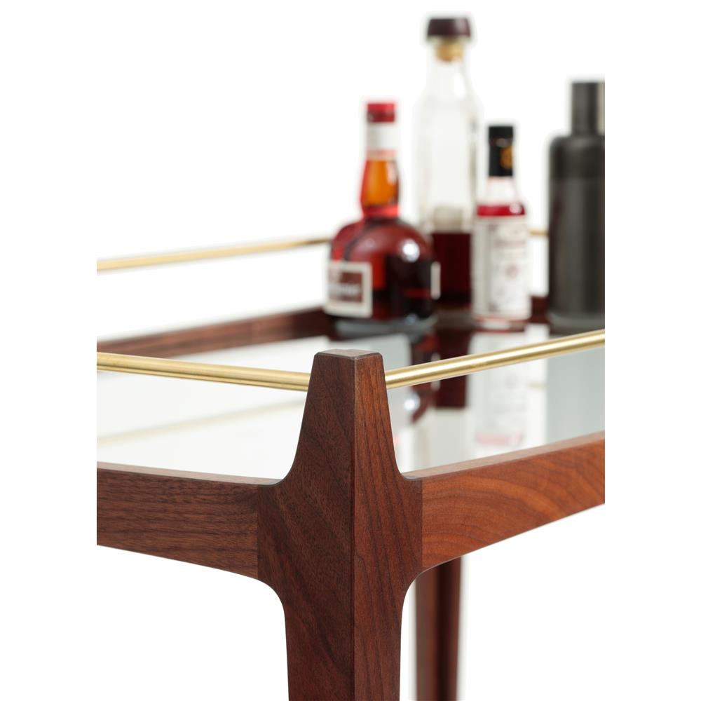 Daniel Rickey Mid Century Brown Wood Clear Glass Brass Accent Bar Cart