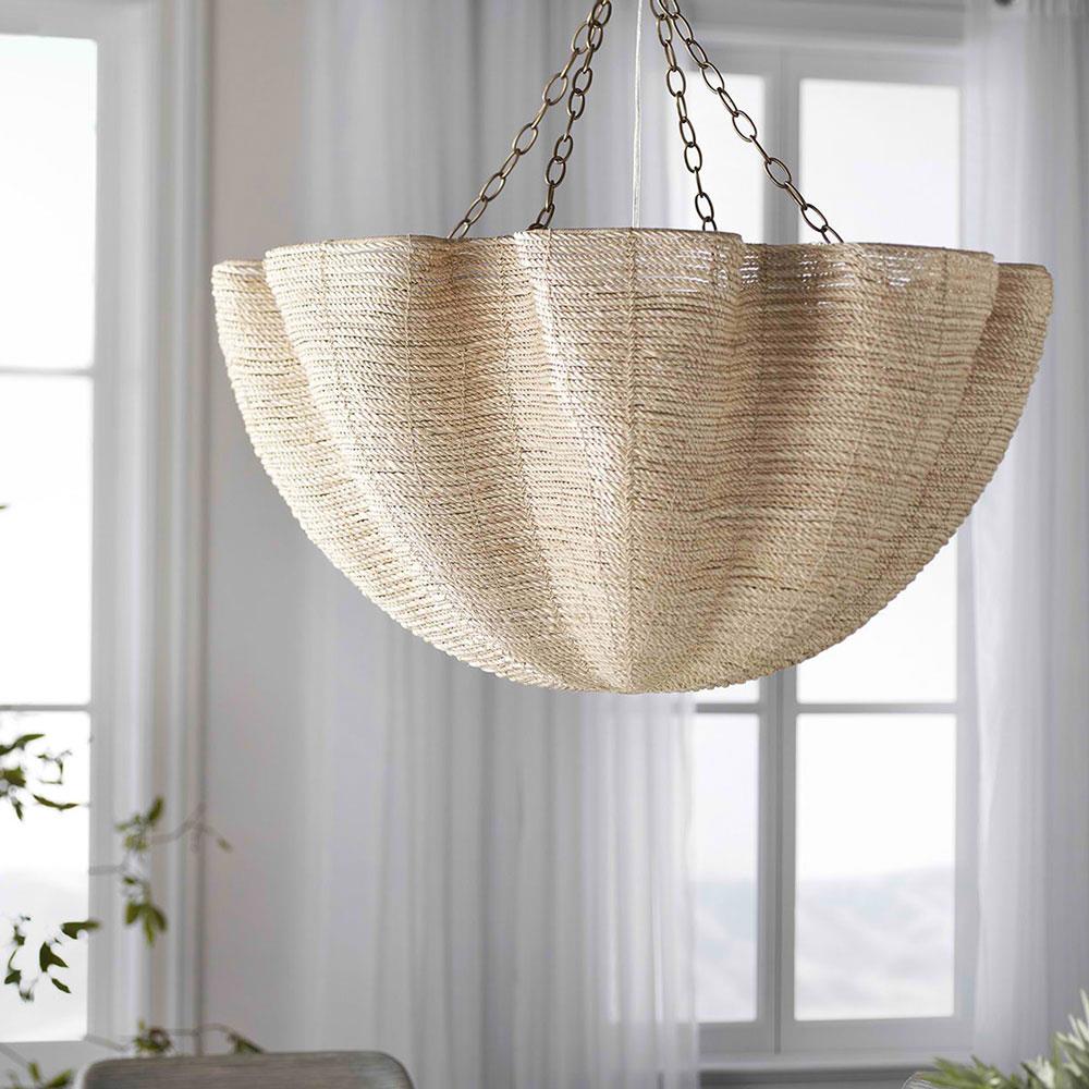 Palecek Isla Coastal Beach Natural Woven Rope Antique Gold Metal Chandelier|