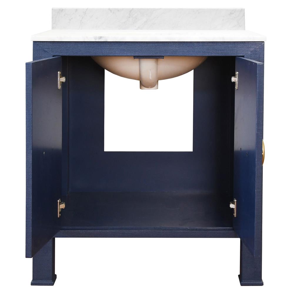 Worlds Away Blanche Modern Classic White Marble Navy Blue Linen Vanity Sink - 31"|
