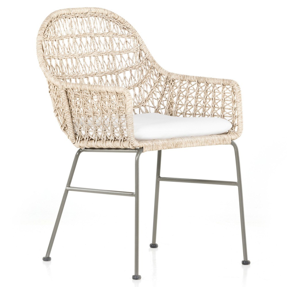 Elena Coastal Beach White Cushion Beige Wicker Iron Frame Outdoor Dining Chair|