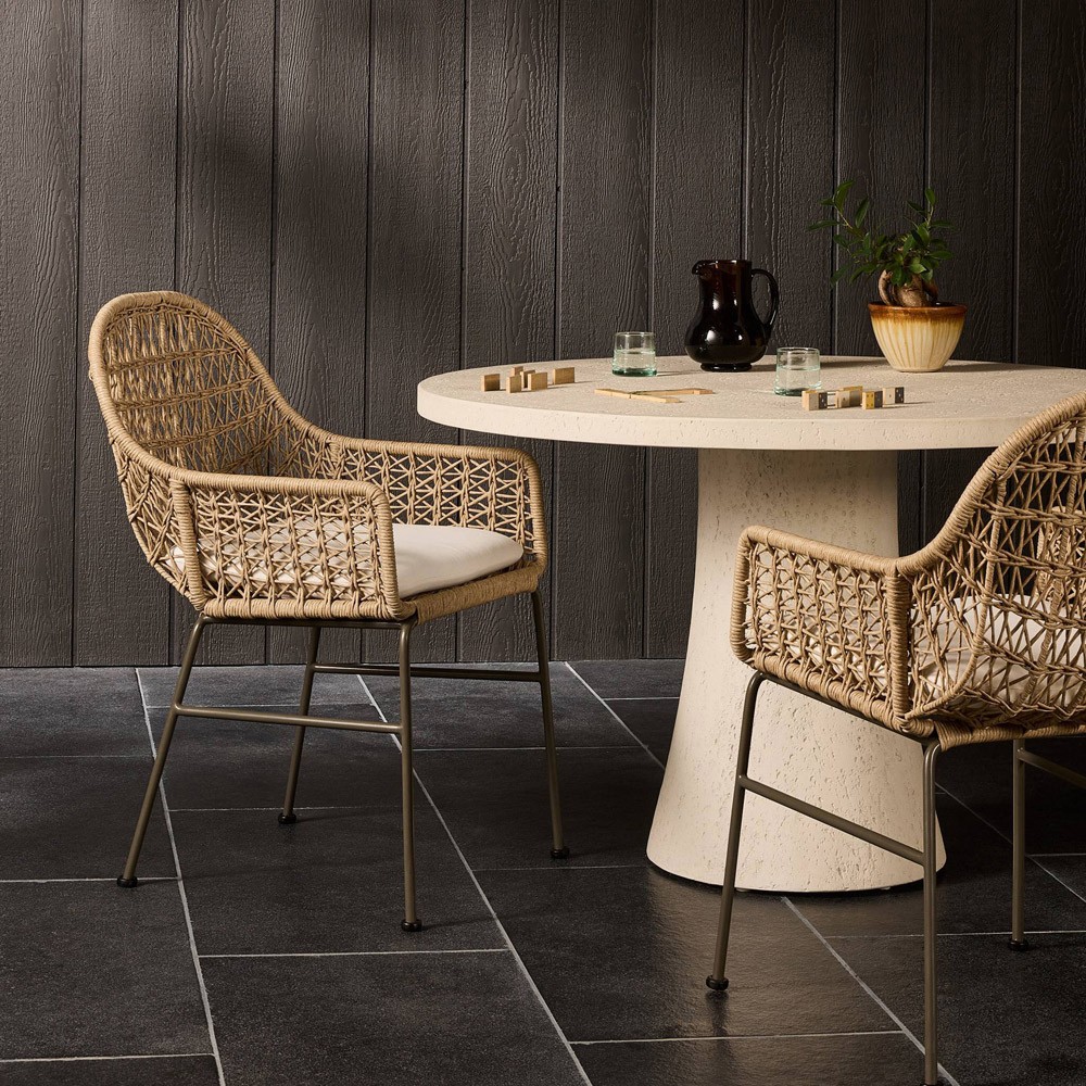 Elena Coastal Beach White Cushion Beige Wicker Iron Frame Outdoor Dining Chair|