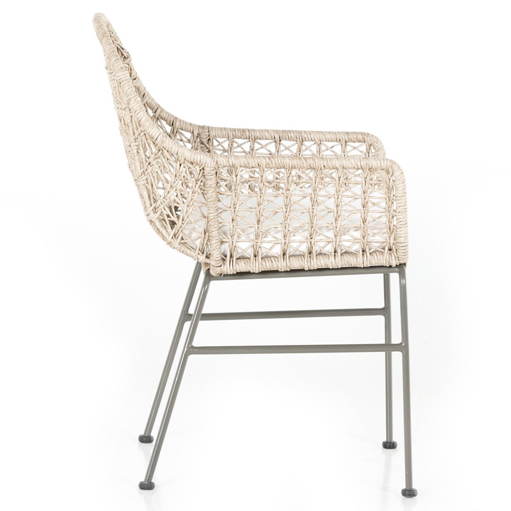 Elena Coastal Beach White Cushion Beige Wicker Iron Frame Outdoor Dining Chair|