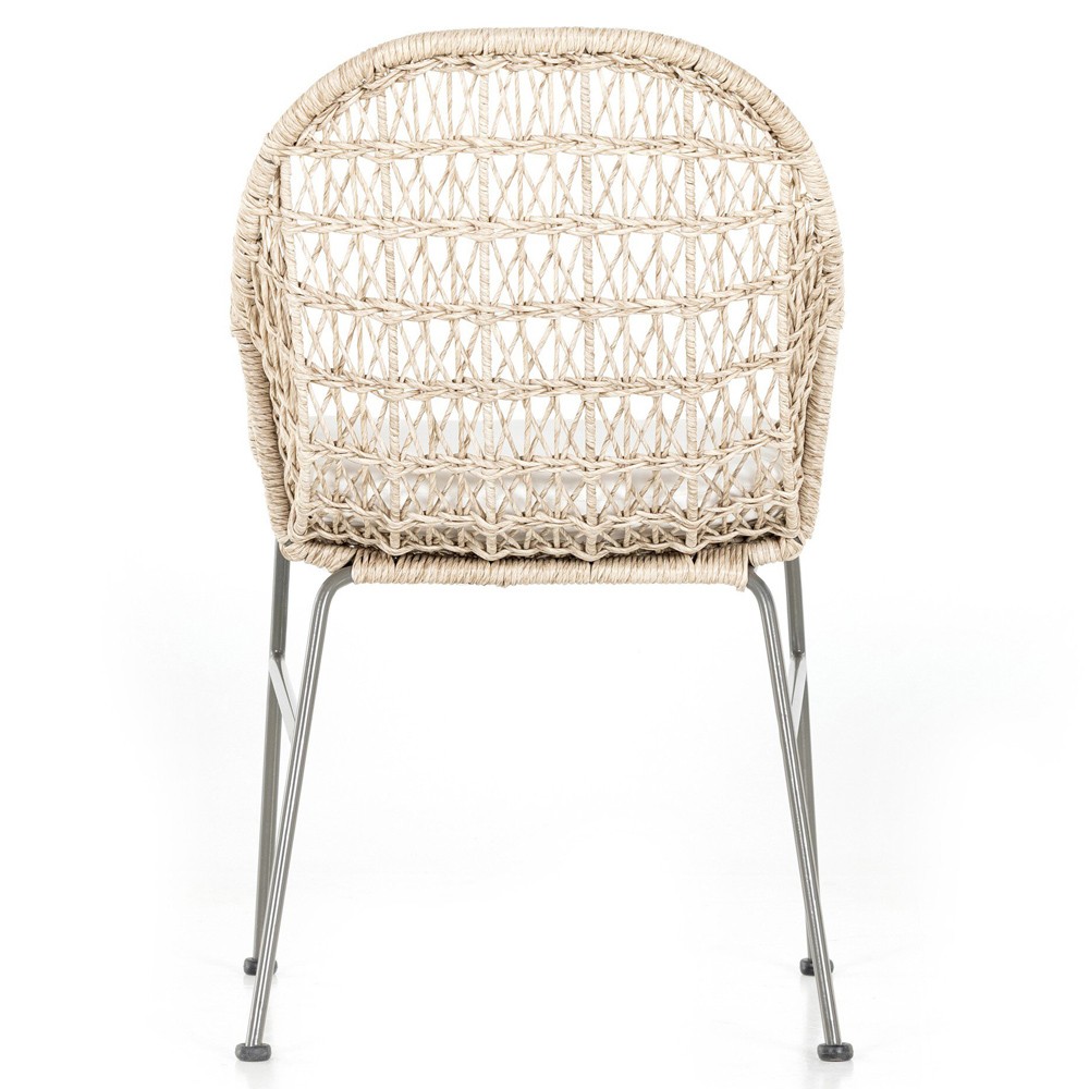Elena Coastal Beach White Cushion Beige Wicker Iron Frame Outdoor Dining Chair|