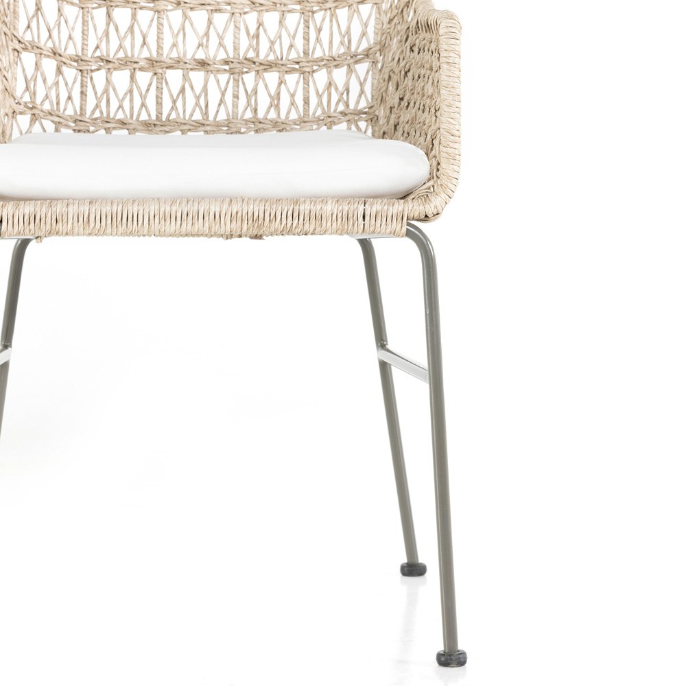 Elena Coastal Beach White Cushion Beige Wicker Iron Frame Outdoor Dining Chair|