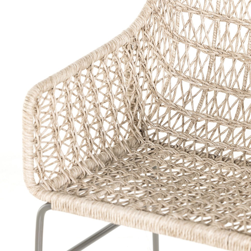Elena Coastal Beach White Cushion Beige Wicker Iron Frame Outdoor Dining Chair|