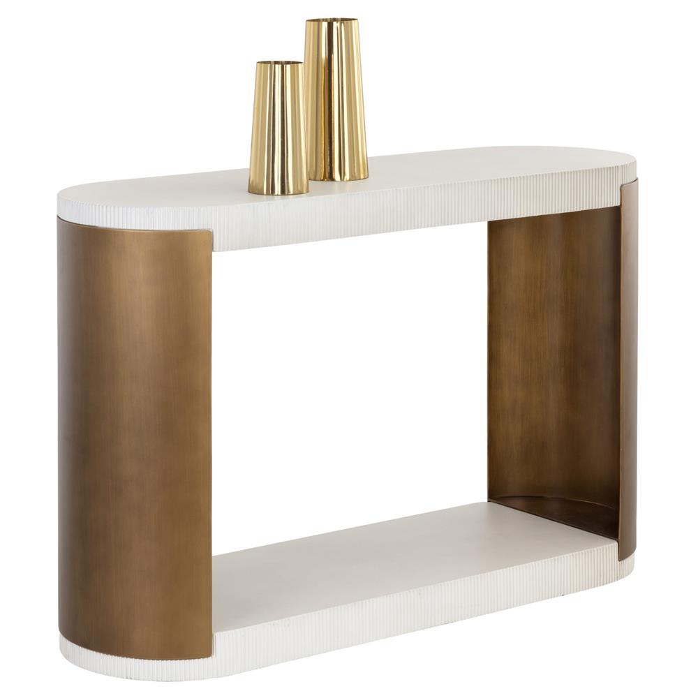 Chapman Mid Century White Concrete Brass Steel Base Outdoor Console Table|