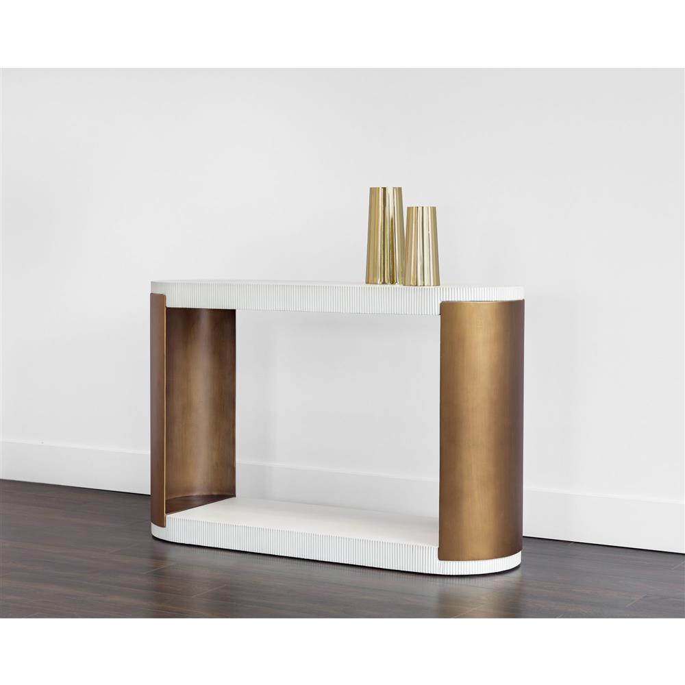 Chapman Mid Century White Concrete Brass Steel Base Outdoor Console Table|
