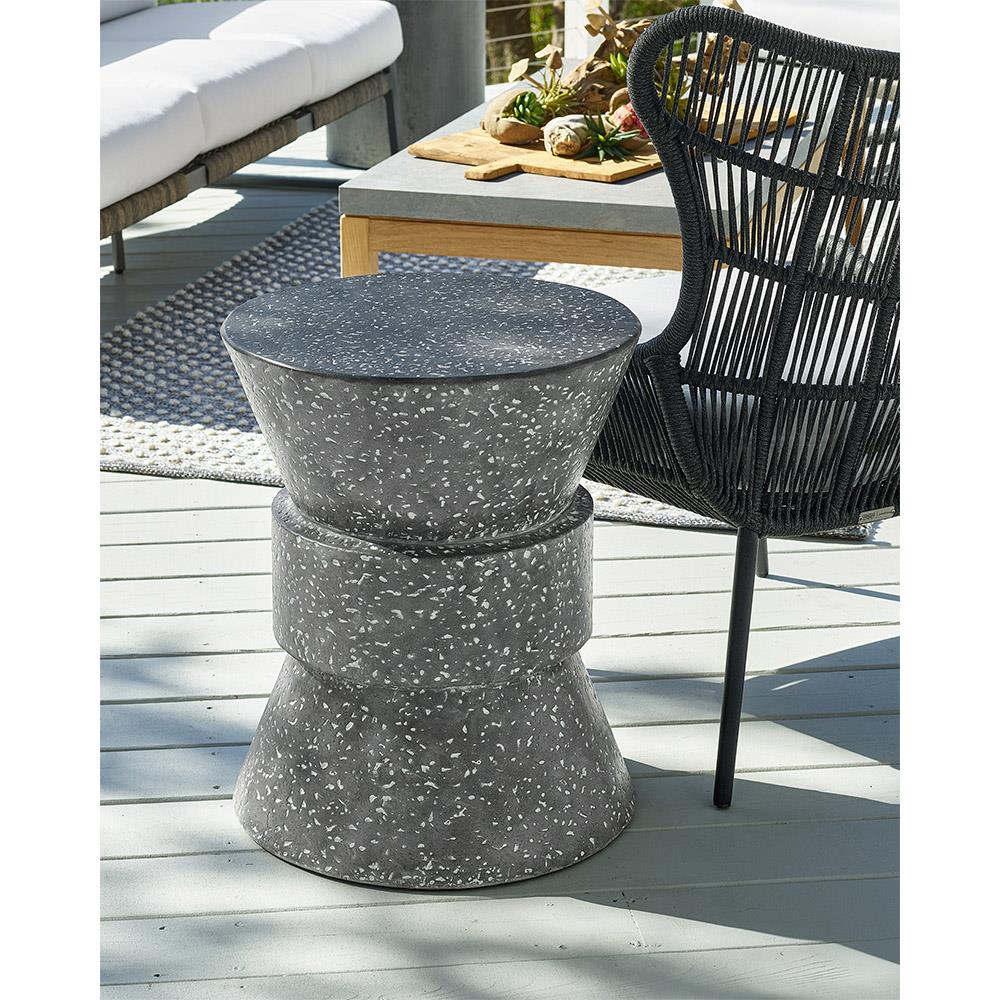 Rossan French Country Grey Cast Concrete Round Drum Outdoor Side Table|