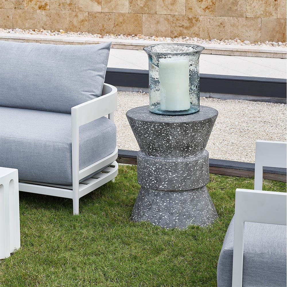 Rossan French Country Grey Cast Concrete Round Drum Outdoor Side Table|