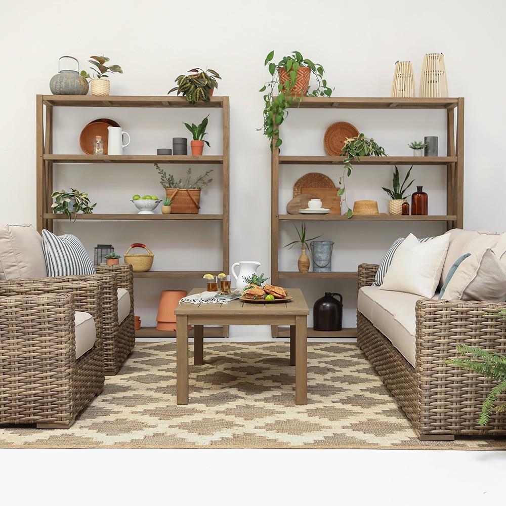 Amina Coastal Natural Teak Cross Side Open Back Outdoor Bookcase|