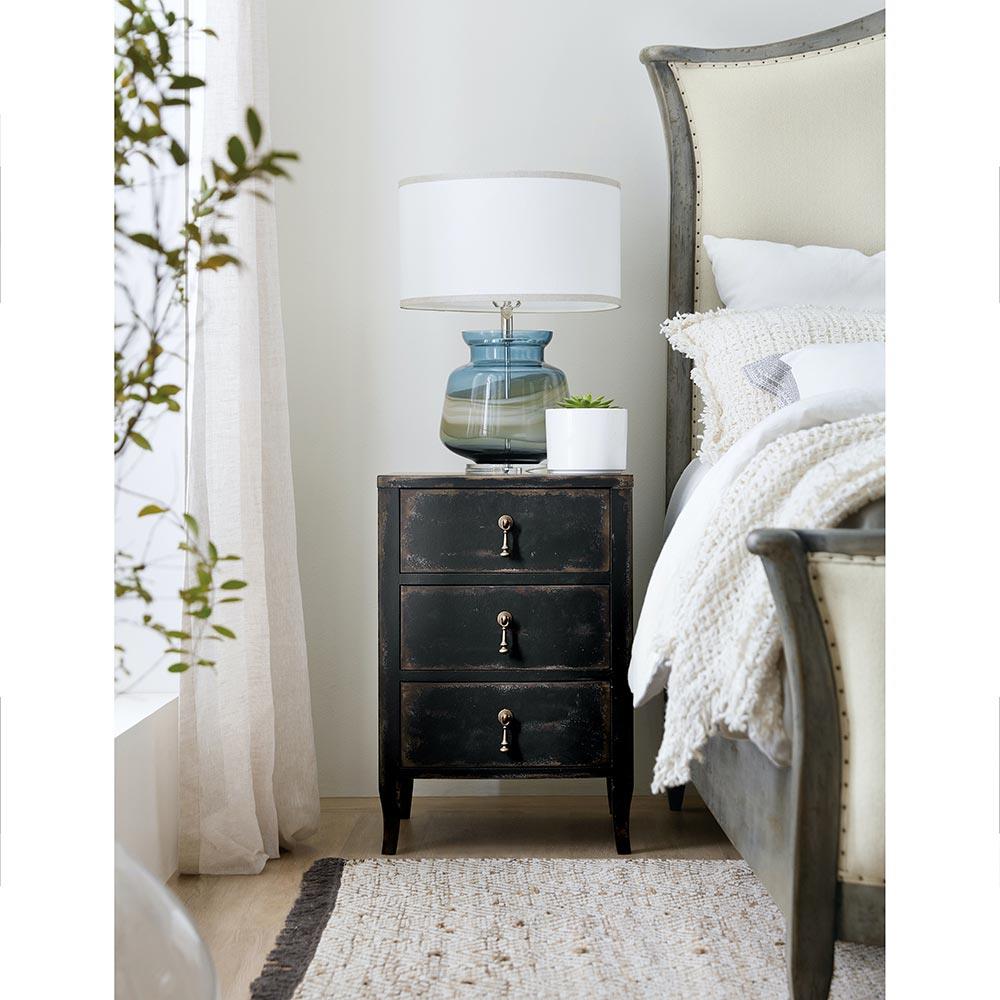 Harley French Country Distressed Black Maple Wood Brass Pull 3 Drawer Nightstand|