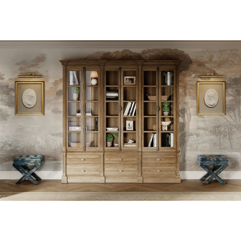 Dustin French Country Brown Pine Wood 6 Door Bookcase|