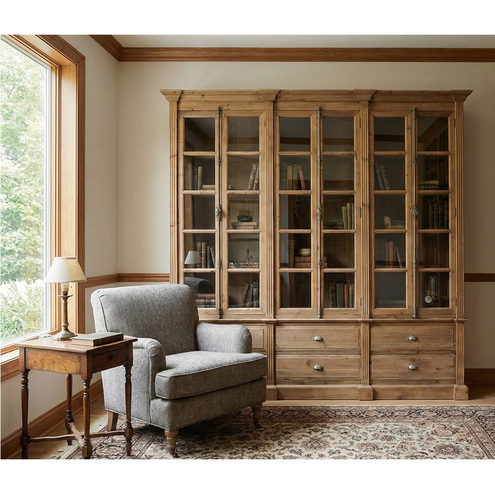 チェスト・キャビネット Antique Book open Shelf Caster Old World Walnut Burl Executive Right Bookcase