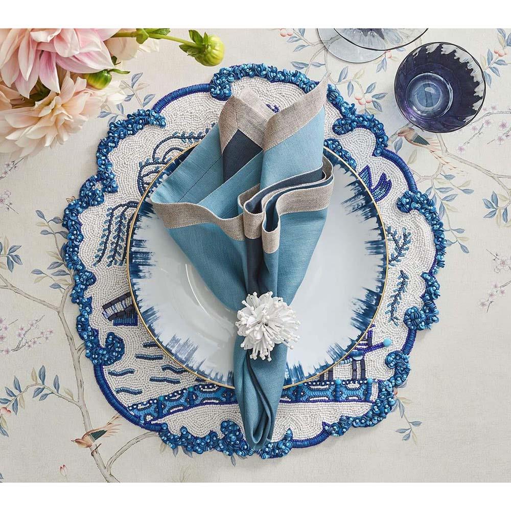 Starburst Hollywood Regency White Beaded Napkin Ring - Set of 4|