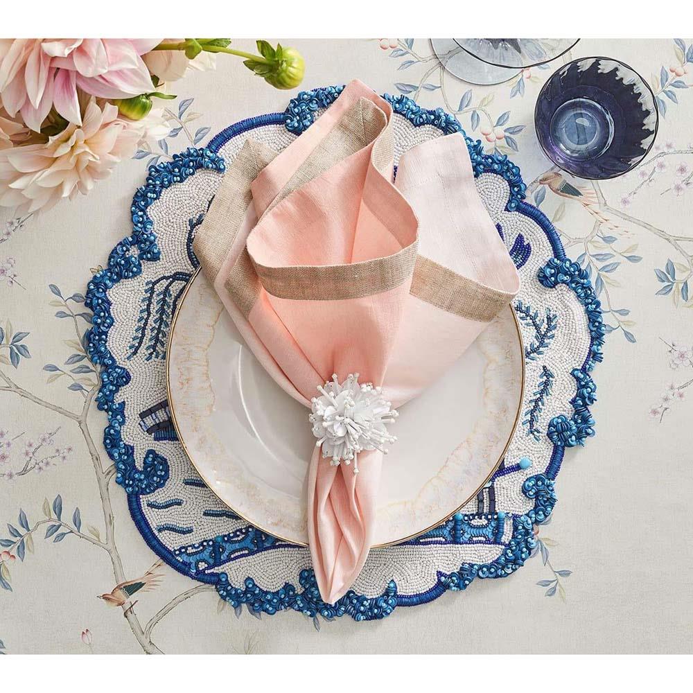 Starburst Hollywood Regency White Beaded Napkin Ring - Set of 4|