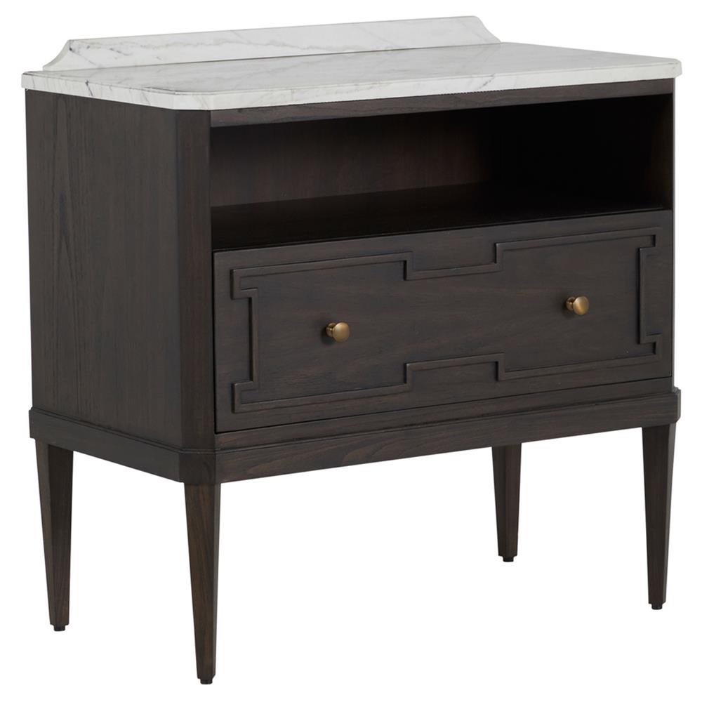 Glenwood French White Marble Top Dark Brown Wood Nightstand|