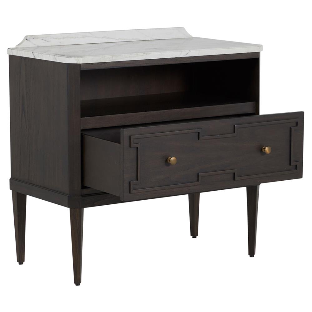 Glenwood French White Marble Top Dark Brown Wood Nightstand|