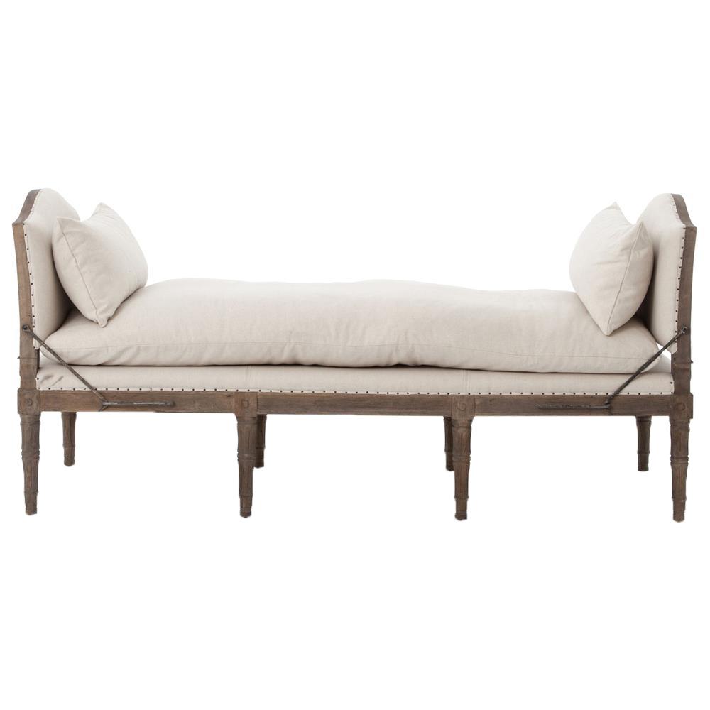 Sabine French Country Natural Linen Weathered Oak Bench Daybed|