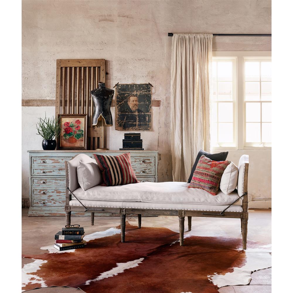 Sabine French Country Natural Linen Weathered Oak Bench Daybed|
