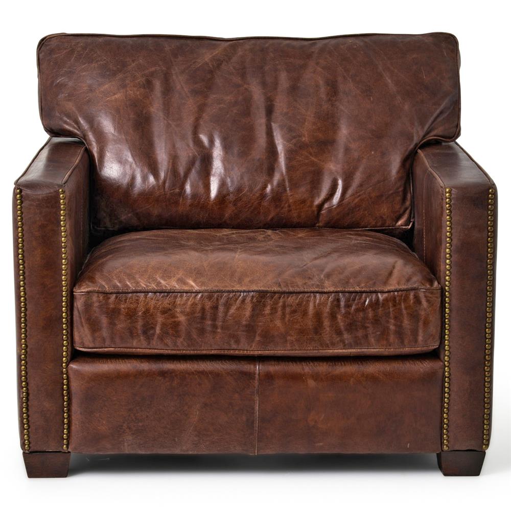 Darla Rustic Lodge Cigar Brown Leather Brass Nailhead Trim Club