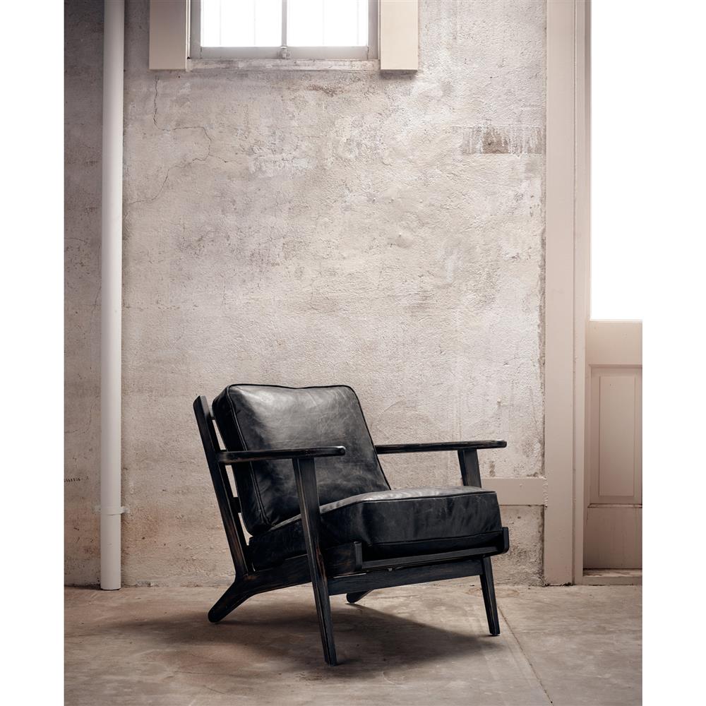 Rider Mid Century Black Upholstered Leather Oak Wood Frame