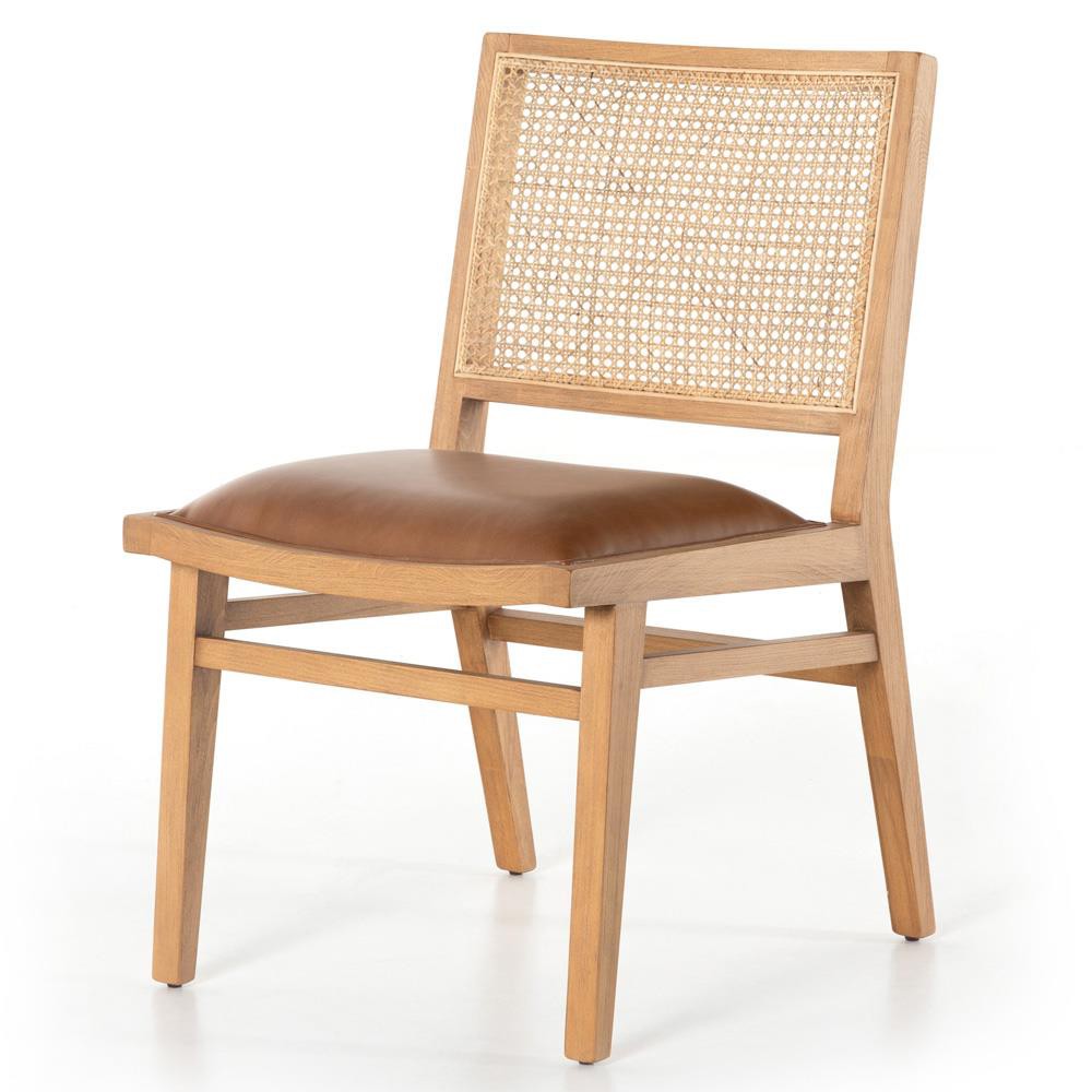 Samantha Coastal Brown Upholstered Faux Leather Natural Wood Cane