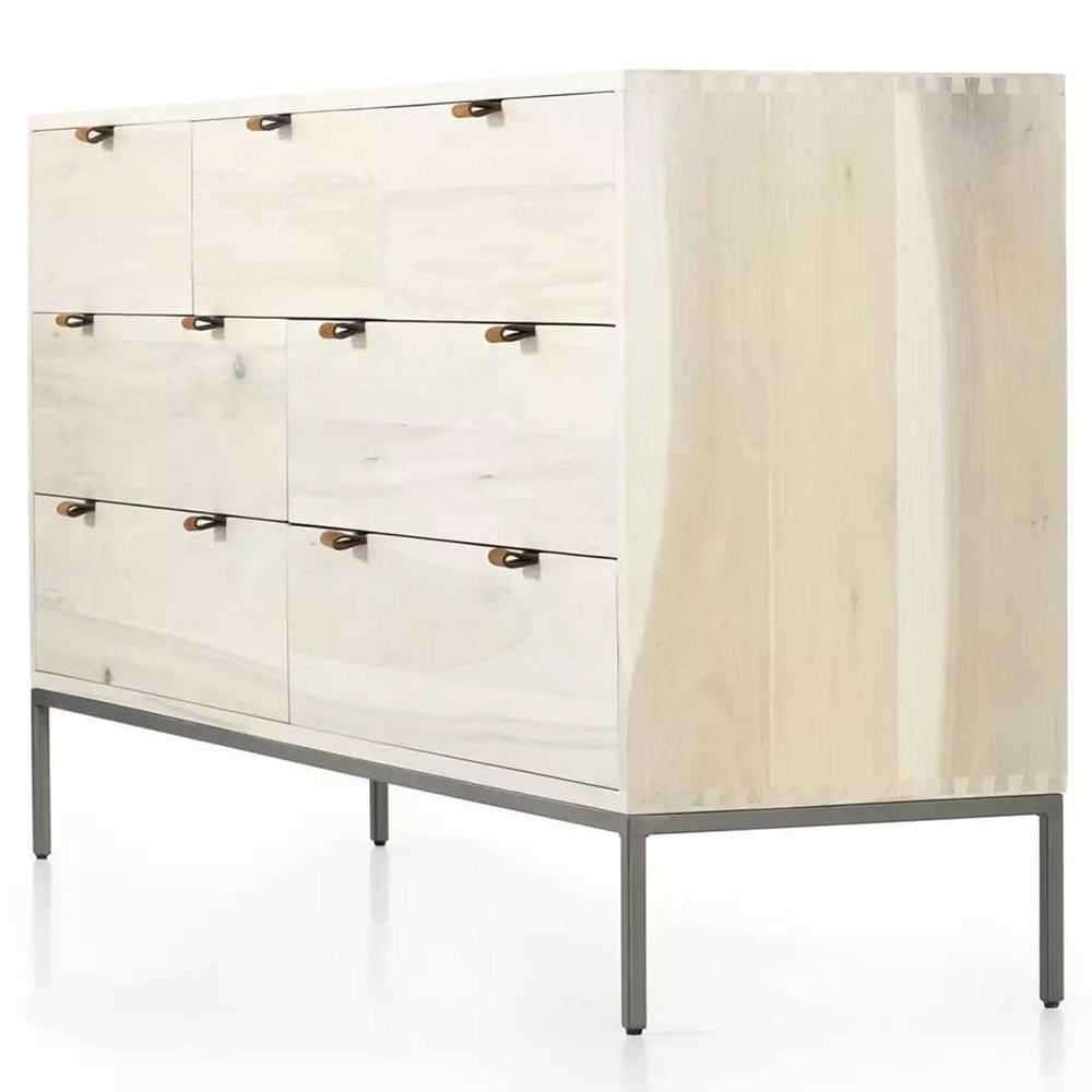 Theodore Industrial Loft Dove White Wood Leather Pulls Iron 7 Drawer Dresser