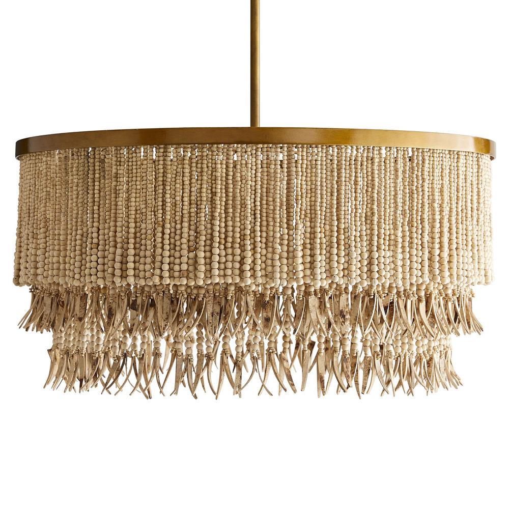Baja Coastal Natural Coco Wood Bead Antique Brass Iron Chandelier|
