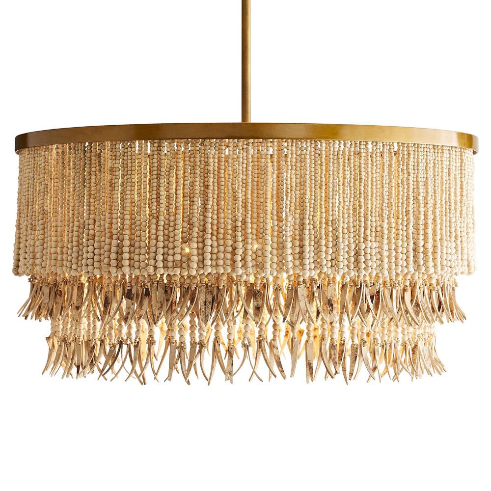Baja Coastal Natural Coco Wood Bead Antique Brass Iron Chandelier|